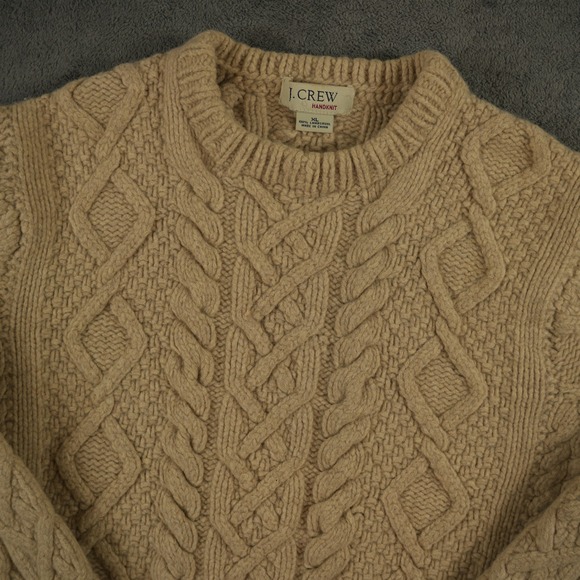 J.Crew Cable Knit Sweater Mens XL Beige Handknit Lambswool Chunky Fisherman